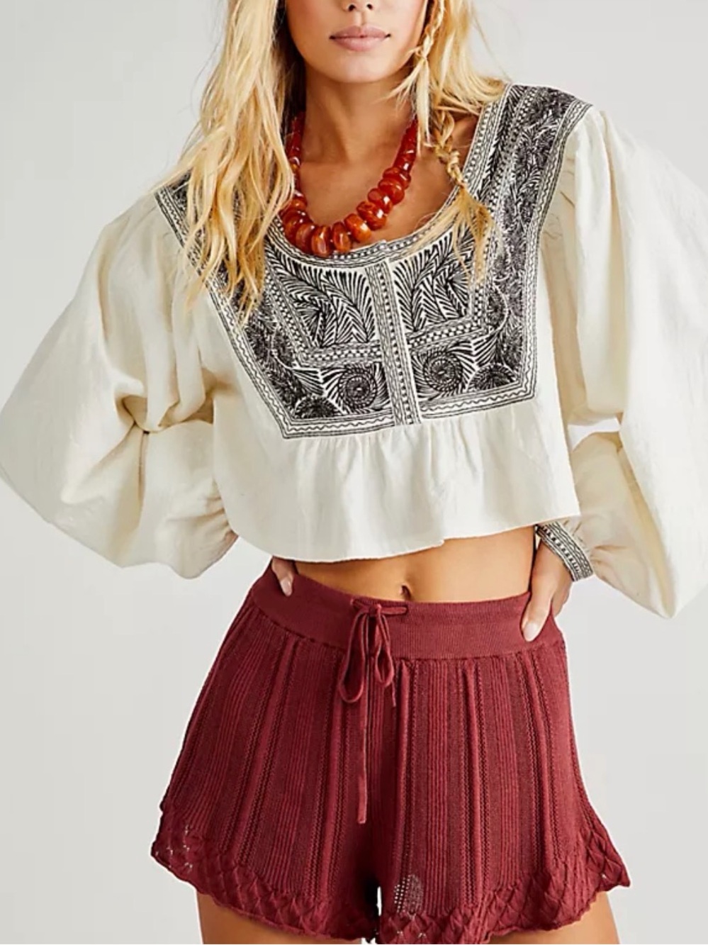 Free People Embroidered Ivory Cropped Peasant Top